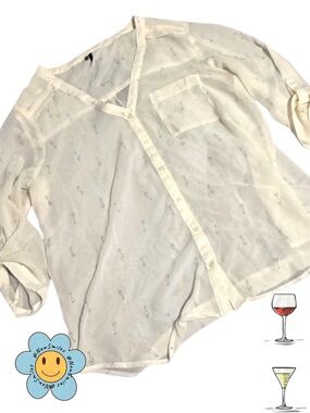 Maurices ~ Sheer Top ~Ivory w/Wine & Martini Glass Pattern ~Tie Up Sleeve Option
